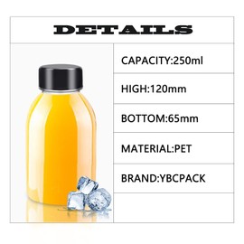 YBCPACK 12 Pack 8 OZ (250 ml) Clear Plastic Juice Bottles with Lids，1 Brush - Empty Plastic Smoothie Bottles Ideal for Juice, Milk, Homemade Beverages