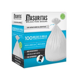 Basuritas | 100 Bolsas de Basura Grandes de 60.6x68.5 cm, 13 galones/49.2 litros, con amarradera plástica