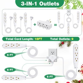 Ceoighe 3 Prong 18 Ft Extension Cord with 9 Outlets, 6 Feet on Each Side, ETL Listed Christmas Tree Extension Cord Splitter, Flat Head Outlet Plug for Indoor Use, 1625W, 125V (White)