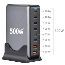 OnlyTech - Mains Charger 500W Multi Socket HUB 8 USB Ports for Office 6 USB-C 100W & 65W and 2 USB-A 20W Technology GAN3 Fast Charge