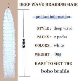 Ocean Wave Crochet Hair 24 Inch 2 Packs Deep Wave Curly Braiding Hair Extensions Synthetic Curly Crochet Hair For Black Women(24inch, 2pack, white)