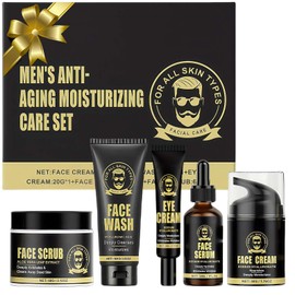 Men’s Anti-Aging Skincare Set: Face Wash, Scrub, Day/Night Moisturizer, Eye Cream & Anti-Wrinkle Serum - Gift-Ready Skincare Kit for Men - Combat Fine Lines & Revitalize Skin
