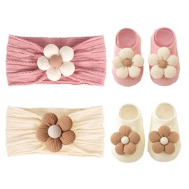KEAINVRN Baby Girl Headbands and Socks,Non-Slip Grips Socks Flower Soft Hairbands Hair Accessories for Infant Toddler Kids (US, Age, 6 Months, 12 Months, pink beige)