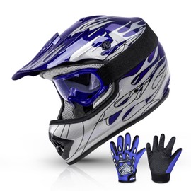 TCMT DOT Certified Youth Blue Flame Dirt Bike ATV MX Motocross Offroad Street Motorcycle Helmet Goggles Gloves (M)