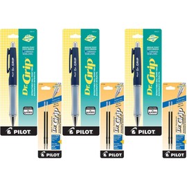 Pilot Dr. Grip Retractable Ballpoint Pen, Medium Point, Navy Barrel with Blue Ink, 3 Pens (36101) with 6 Blue Ink Refill