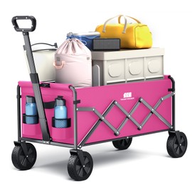 Collapsible Folding Wagon, Heavy Duty Foldable Wagon Cart with Wheel, Lightweight Utility Grocery Cart with 200lbs Weight Capacity for Garden, Beach, Camping Sports, Fishing (Pink)