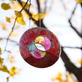 Mosaic Bird Feeder, Outdoor Fly Through Wild Hanging Bird Feeders with Mosaic Glass Design Round Bird Feeder for Garden, Yard, Backyard, Deck and Porch Decor, 9 Inch,Red