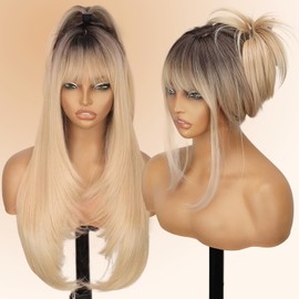 Nnzes Long straight Ombre Blonde Wig for Women with Bangs, Layered Style, Realistic Scalp, Freestyle Parting, Natural-Looking Heat-Resistant Synthetic Hair for Daily & Party Use 26"
