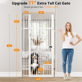 71" Extra Tall Pet Gate with Cat Door, 29-37.5" Extra Wide Full Door Cat Gate for Doorway, No Drill Pressure Mounted Gate for Cats, Pet Barrier Indoor, No Jumping Over for Stairs Hallway, White