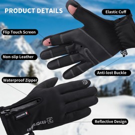 Fjquamitix Waterproof Winter Thermal Gloves with Finger Cap,Fleece Lined Black Touchscreen Fingerless Fishing Gloves for Men Women with Zipper,Suitable for Driving Motorbike Hiking (Black, M)