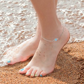 ORANGE FOREST Evil Eye Anklet for Women 925 Sterling Silver Adjustable Foot Ankle Bracelet Beach Jewelry Gifts for Women