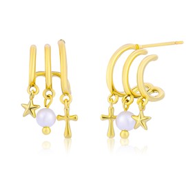 Cross Triple Huggie Illusion Earrings for Women, 14K Gold Plated Cross Pearl Star Spiral Twist Hoop Earrings for One Hole Illusion Stud Dainty Huggie Claw Wrap Ear Cuffs Summer Jewelry Gift for Women