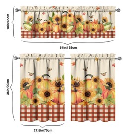 OUXIOAZ Buffalo Plaid Pumpkin Fall Kitchen Curtains, Sunflower Window Curtains, Farmhouse Thanksgiving Autumn Harvest Curtain for Kitchen Decor, 54" x 18" Valance, 27" x 36" Tier, 3 Panel Set