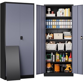 SISESOL Metal Storage Cabinet with 2 Doors and 6 Shelves,Gray Metal Cabinet with Lock,71" Lockable Garage Storage Cabinets,Locking Steel Cabinets for Home,Office,Garage,School