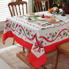 meioro Christmas Day Tablecloth, Snowflake Santa Claus Rectangle Table Cover,Waterproof Polyester Table Cloth, Xams Small Bell Table Decoration for Festival Party, Dinner Protection(Ribbon,100x150cm)
