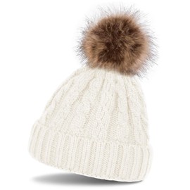 styleBREAKER Cable Pattern Bobble Hat, Knitted Hat with Fur Bobble Winter Beanie Hat, Unisex 04024064 - Beanie White (Cream-White)