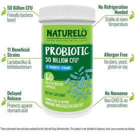 NATURELO Probiotic Supplement – Ultra Strength 50 Billion CFU | 11 Clinically Studied Lacto & Bifido Strains | One Daily Capsule | Gut-Friendly Bacteria for Digestive & Immune Support | No Refrigeration Needed | 60 Vegan Capsules | 2-Month Supply