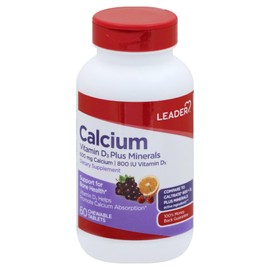 Leader Calcium Vitamin D3 Plus Minerals, Bone Health Supplement with Magnesium & Zinc, Supports Strong Bones & Teeth, Enhanced Absorption, Cherry, Orange & Fruit Punch Flavor, 60 Chewable Tabs 3-Pack
