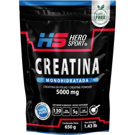 HEROSPORTS | Creatina Monohidratada de Alta Pureza 650g en Polvo. 5g de Creatina por Porción, 130 porciones por envase, 100% Pura, 100% Natural, 0 Azúcar, Sin Sabor, Sin Olor, Bottle Free