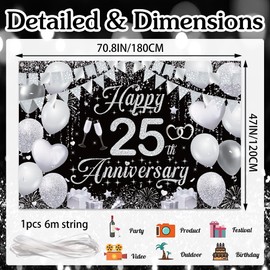 25th Wedding Anniversary Banner Backdrop - Black Silver Happy 25th Anniversary Decorations, Silver Wedding Anniversary Party Photo Background Decoration Supplies(180x120 cm)