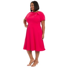 London Times Women's Dresses Women's Bow Neckline A-Line Midi - Short Sleeve Evening Party Cocktail Dress, Rose Red, 16
