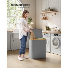 SONGMICS Laundry Hamper with Lid, 3-Section Large Laundry Basket, 52.8-gallon (150L), Removable Mesh Liner, Bamboo Handles, Collapsible, 23.6 x 15.2 x 27.8 Inches, Dove Gray ULCB515G01