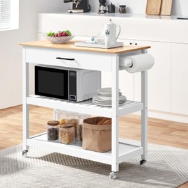 Topeakmart Rolling Kitchen Island Cart with Storage & Bamboo Worktop, 3-Tier Kitchen Island on Wheels Microwave Cart with Drawer, Removable Towel Bar, Hooks, White
