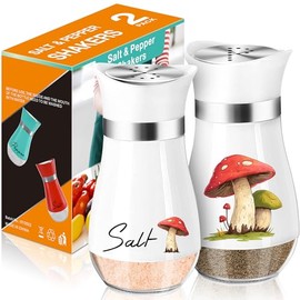 Mushroom White Salt and Peper Shakers,Stainless with Lid Containers for Countertop Set, Refillable Design Country Kitchen Décor