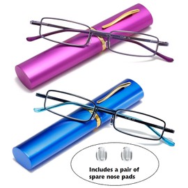 OWTXIS 2 Pack Blue Light Blocking Reading Glasses - Slim Pocket Readers with Pen Clip Case Mini Lightweight Readers (Blue, Purple, +2.00)
