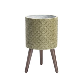 D'vine Dev 10 Inch Modern Geometric Tile Patterned Sleek Planter Pot with Stand, Indoor Outdoor Decorative Plant Holder, Distressed Olive, 88-Z-B-4