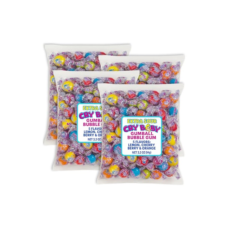 Extra Sour Fruit Gumballs, 4 Bags (3.3 oz Each) -