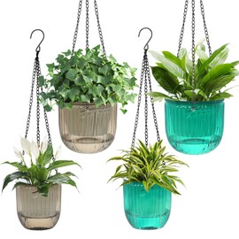 4 Pcs Self Watering Hanging Planter for Indoor Plants,6.5" 4.5" Outdoor Hanging Planters Flower Pots Basket with Hooks Drainage Holes for Indoor Outdoor Hanging Planters Garden Balcony,Emerald+Gray