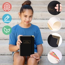 Koogel 5 Subject Spiral Notebook with Tabs, A5 Composition Notebook 5.8x8 Inch Ruled 240 Pages Journals with Dividers for Men Gift Office School Black