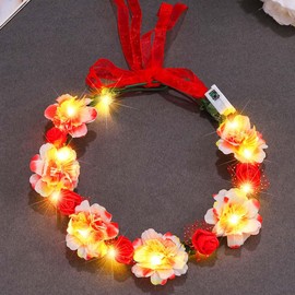Zoestar Luminous Flower Crown Headband LED Wreath Headbands Bridal Flower Headpiece Festival Garland Headpiece Hair Accessories for Women Red One Size