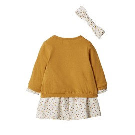 VERTBAUDET Girls' Baby Set: Dress, Cardigan & Headband Mustard Yellow + Wool White Floral 62, Mustard Yellow