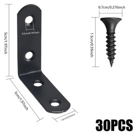 NAHUAA 30 Sets L Brackets for Wood 50 x 50 mm Stainless Steel Right Angle Brackets Black Corner Bracket 90 Degree with Screws for Wood Furniture Fixation