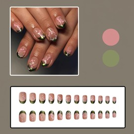 Mkwntg Pink Flower Press on Nails Short Almond Fake Nails Glossy Green French Tip Glue on Nails Cute Floral Oval False Nails Natural Summer Flowers Stick on Nails for Women Girls Nail Decor 24Pcs