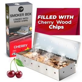 KITCHEN PERFECTION Smoker Box For Gas Grill - Bbq Wood Chip Smoker Box Pre-Filled with Cherry Wood Chips -Adds Delicious Smokey Flavor on Propane & Pellet Grill