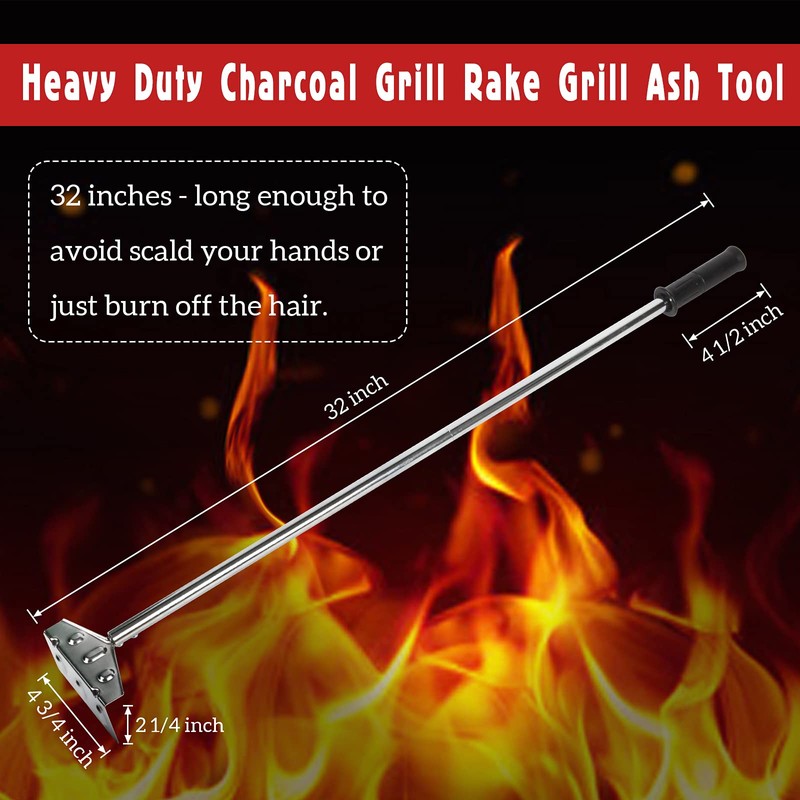Heavy Duty Charcoal Grill Rake Ash Tool Accessories With Rubber
