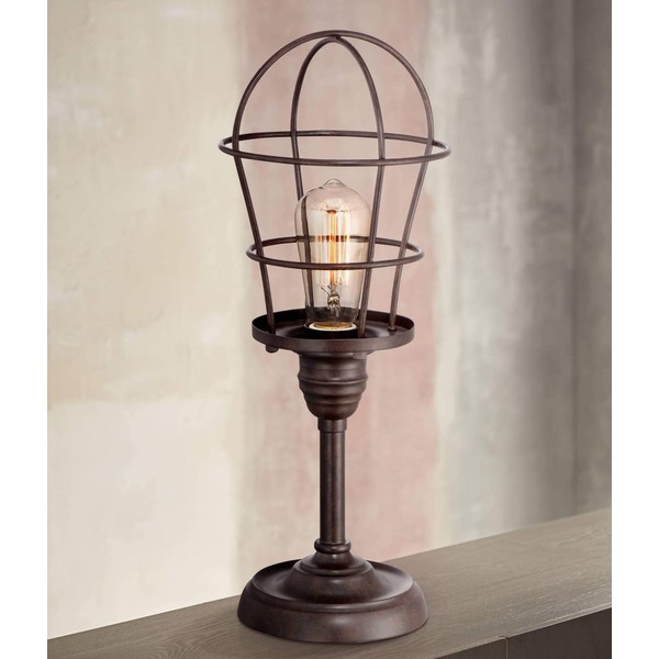 Modern Industrial Accent Desk Table Lamp 17 1/4" High Bronze Metal Open Wire Cage Shade Antique Edison Bulb for Living Room Bedroom House Bedside Nightstand Home Office Family - Franklin Iron Works