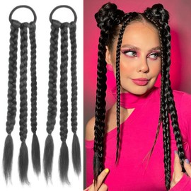 BASEMMAHER 2Pcs Braided Ponytail Extensions with Hair Ties Soft Synthetic Ponytail Wig Braided Extensions Hairpieces for Women Girls DIY Daily Wear Accessories (Black)