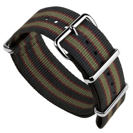 Geckota Vintage Bond 1973 British Military Nylon Mens Replacement Watch Strap. Dark Blue, Red and Olive Green Stripes. Rugged, Quick-Drying and Secure Wristwatch Strap. Polished Buckle, 18 mm
