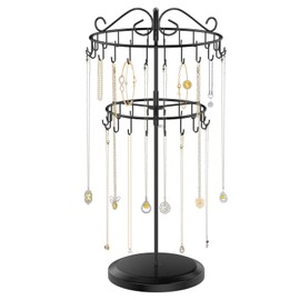 iDavosic.ly 2 Tier Rotating Necklace Holder Organizer with 42 Hooks, Adjustable Metal Bracelet Display Stand Rack, Extra Tall Keychain Spinning Tree Tower for Women, Black