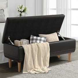 VECELO 44" Black Faux Leather Storage Ottoman Bench – Hidden Compartment & Shoe Organizer, Wooden Legs, Entryway & Bedroom Seating