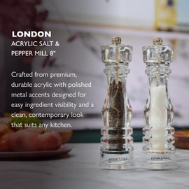 Cole & Mason London Refillable Spice Mill - Kitchen & Home Accessory - Salt & Pepper Grinder Set - Salt Mill with Ceramic Mechanism - Pepper Mill with Carbon Steel Mechanism - 8", Acrylic