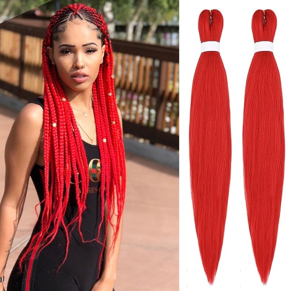 EFFGOCO Pre Stretched Braiding Hair 16 Inch Red Braiding Hair 2 Packs Short Kanekalon Braiding Hair Pre Stretched Synthetic Crochet Braids Yaki Texture Hair Extensions Hot Water Setting (16Inch, Red)