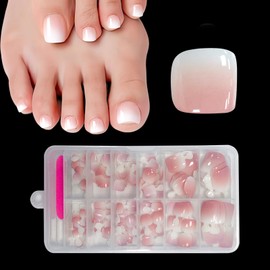 ZAHRVIA 120 Stück Falsche Fußnägel Kit, Künstlich Zehennägel zum Aufkleben, Press on Toenails Kurz Acryl Künstlich Fußnägel Tips für Damen Frauen Nagelkunst DIY (Rosa-Nude Verlauf,12 Größen)