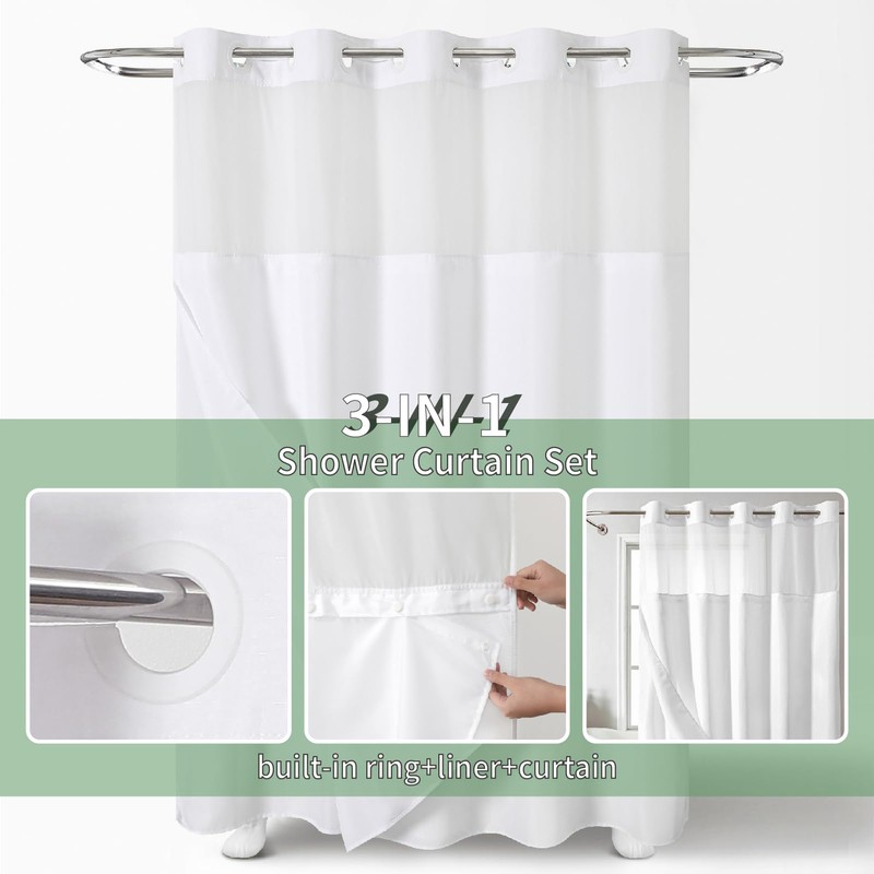 eachope White No Hook Shower Curtain with Snap-in Fabric Liner