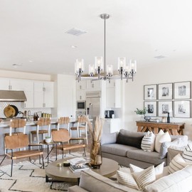 Seilisy 8 Lights Brushed Nickel Chandelier for Dining Room, Farmhouse Modern Contemporary Industrial Ceiling Hanging Pendant Lighting Fixture with Glass Shade for Dinning Kitchen Island Living Room