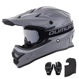 OUMURS Adult ATV Dirt Bike Helmet with Goggles Gloves & Mask Adjustable Sun Visor Motorcycle Adult Helmet Off-Road Motocross Downhill Moped MX for Unisex-Adult-Gray, XL